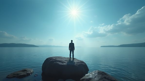 Person on rock by calm lake under bright blue sky with sunlight reflecting on water