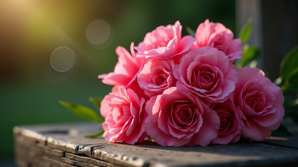 Pink Carnation Bouquet On Rustic Bench