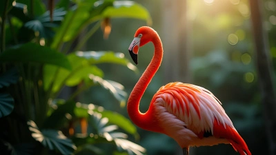 Pink Flamingo Among Tropical Green Foliage