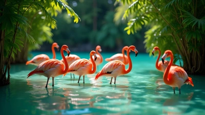 Pink Flamingos In Shallow Turquoise Water