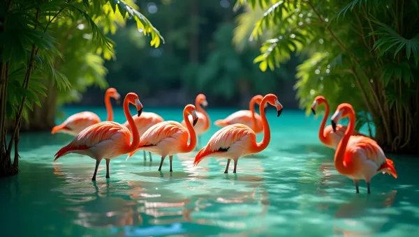 Pink Flamingos In Shallow Turquoise Water