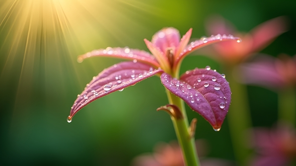 Close-up of a pink leaf plant covered in delicate morning dew droplets