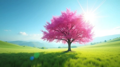 Pink-Leaved Tree in Sunlit Meadow Landscape