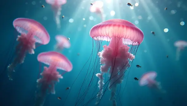 Pink and White Jellyfish Floating in Ocean