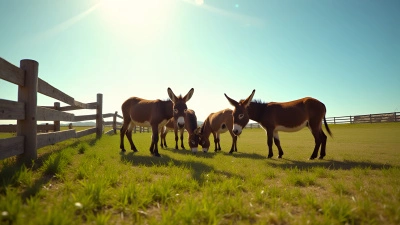 Playful Brown Donkeys Grazing in Sunny Field