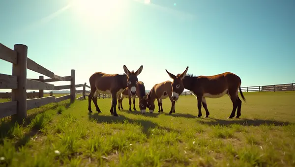 Playful Brown Donkeys Grazing in Sunny Field