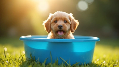 Playful Dog Sitting in Blue Water Container Outdoors