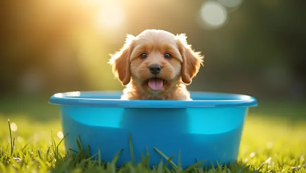 Playful Dog Sitting in Blue Water Container Outdoors