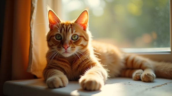 Close-up of a playful orange tabby cat with bright green eyes lounging on a cozy windowsill in warm sunlight