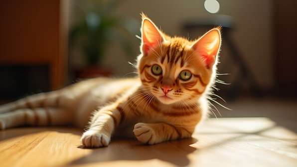 Close-up of a playful orange tabby cat with bright green eyes relaxing on a sunlit wooden floor
