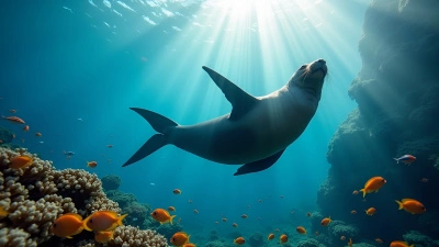 Playful Sea Lion Swimming Underwater with Colorful Coral