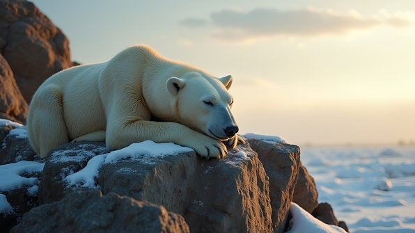 A large polar bear resting peacefully on a rugged brown rock with a snowy landscape in the background