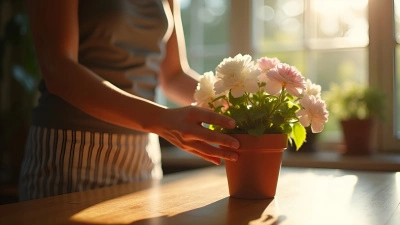 Pot of White and Pink Flowers Held Gently