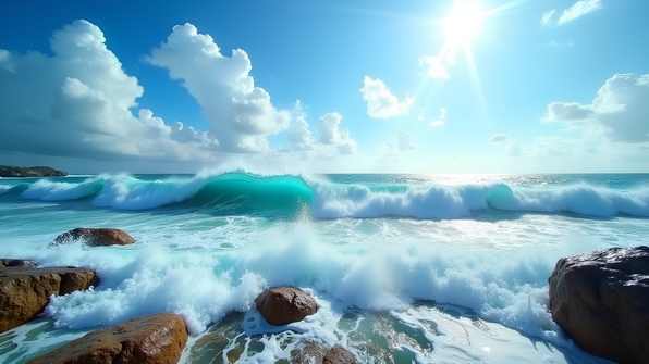 Powerful ocean waves crashing against rocky shores under a bright sunny sky
