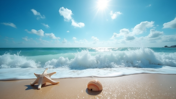 Powerful ocean waves crashing energetically onto a sandy beach under a bright blue sky with scattered white clouds
