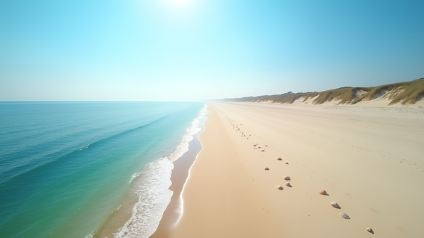 Aerial perspective of a pristine deserted coastline with smooth sandy beaches and gentle ocean waves under clear blue skies