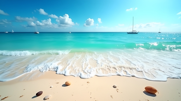 Aerial view of a pristine seashore with turquoise waves gently crashing onto sandy beaches under a clear blue sky