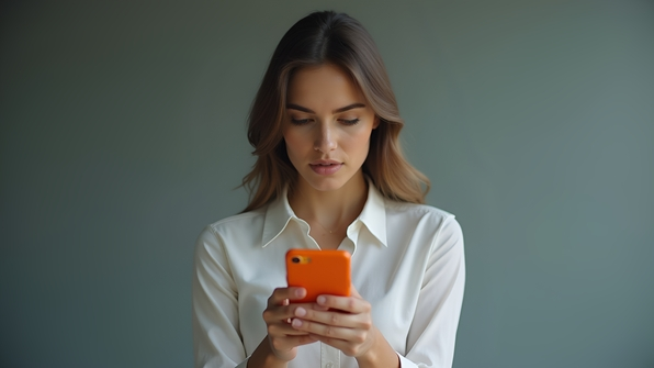 Professional woman wearing a white long-sleeve shirt attentively holding an orange smartphone against a clean neutral background