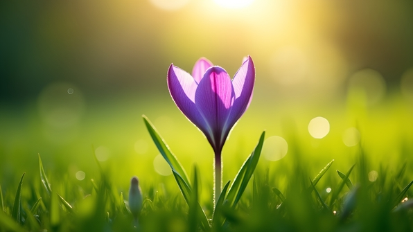 A vibrant purple flower blooming in green grass under bright daytime sunlight