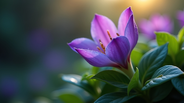 A vibrant close-up of a purple flower with detailed petals and green leaves against a softly blurred natural background