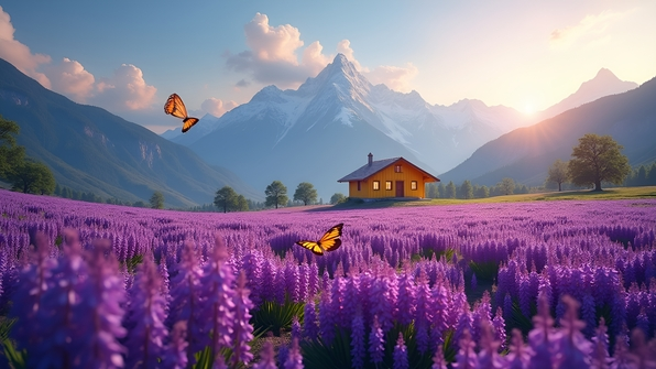 Purple Flower Field with Golden House and Mountains