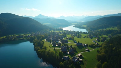 Quaint Village Beside Calm Lake Aerial View