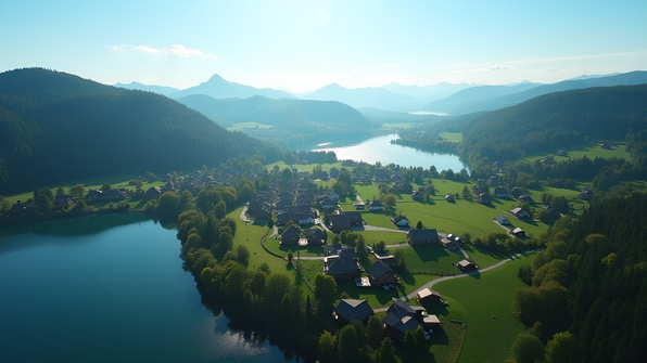 Aerial view of a quaint village beside a calm lake surrounded by greenery and scattered houses under clear blue skies