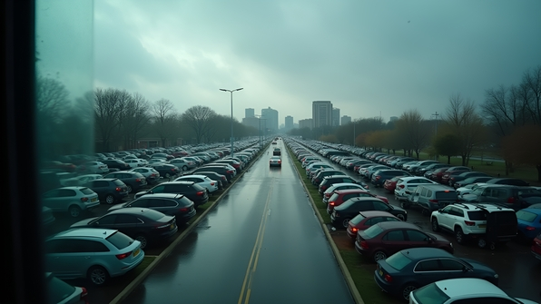 View through a rain-speckled window overlooking a busy parking lot filled with various cars under a gray, overcast sky