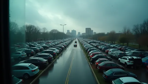 Rain-Speckled Window Overlooking Busy Parking Lot