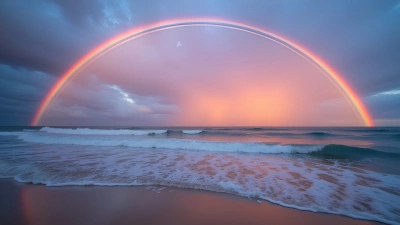 Rainbow Over Calm Ocean Waters At Sunset