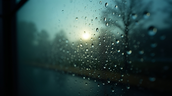 Close-up shot of raindrops clinging to a transparent glass panel with soft natural light