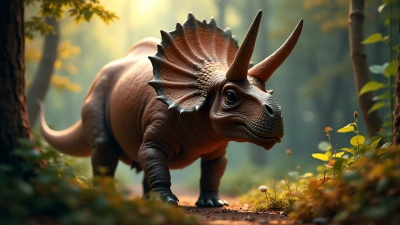 Realistic Brown Triceratops In Prehistoric Forest