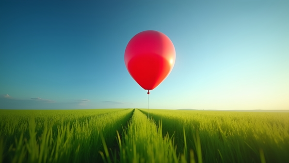 A red balloon floating gently above a vast green grass field under a clear blue daytime sky