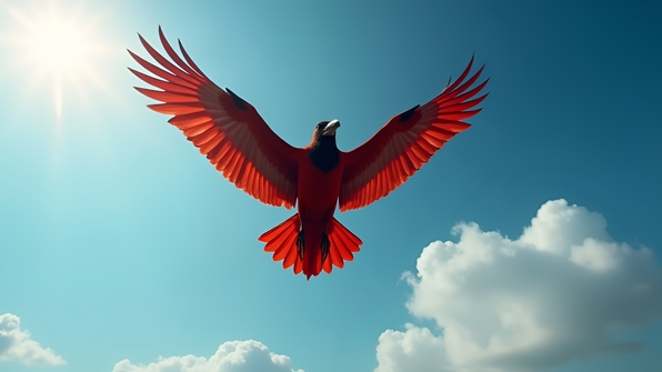 A vibrant red and black bird in flight with expansive wings spread wide against a clear blue sky