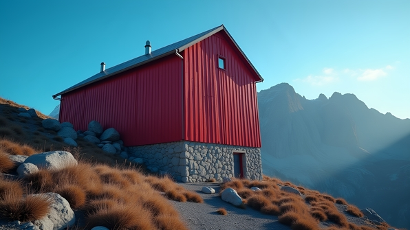 Red brown concrete building near a rugged mountain under clear blue daytime sky