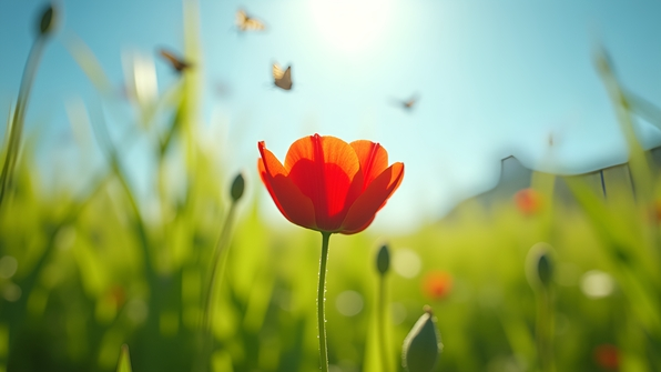 Red flower blooming amidst lush green grass under bright daytime sunlight with clear blue sky