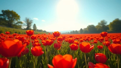 Red Flower Field In Bloom Under Sunlight