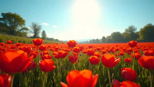 Red Flower Field In Bloom Under Sunlight