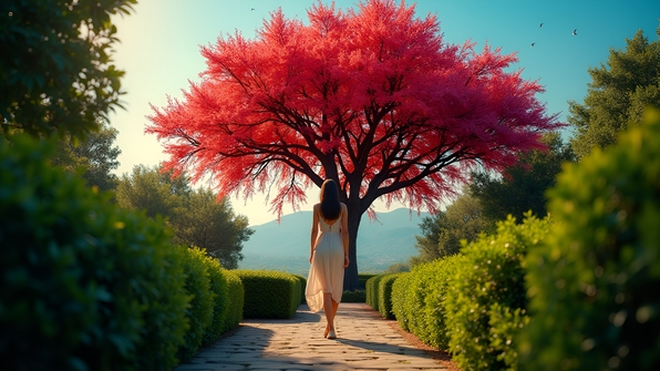 A woman stands gracefully before a red-flowering peacock tree under a clear blue sky amid green foliage