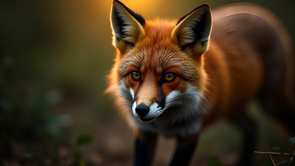 Close-up macro shot of a red fox’s detailed fur and bright eyes in a natural forest