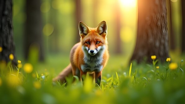 Close-up of a red fox with bright orange fur and sharp eyes standing alert in a lush green forest clearing