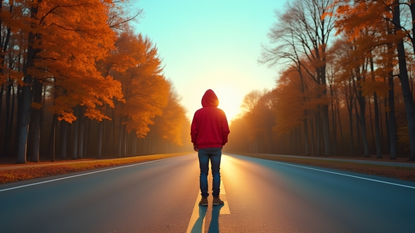 A person wearing a red hoodie stands alone on an empty autumn road under a clear blue sky