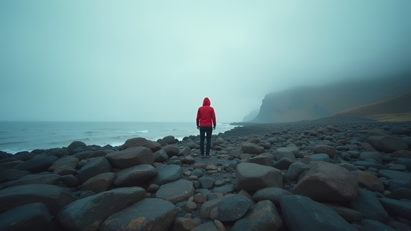 A man wearing a bright red hoodie stands alone on a rugged rocky shoreline beneath an overcast daytime sky
