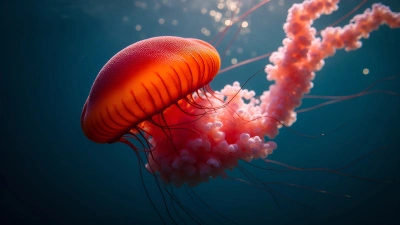 Red Jellyfish Floating in Clear Ocean Water