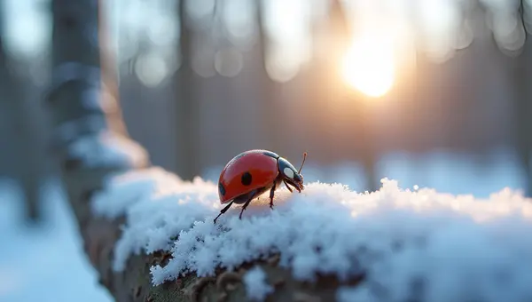 Red Ladybug on Snowy Tree Bark Close-Up