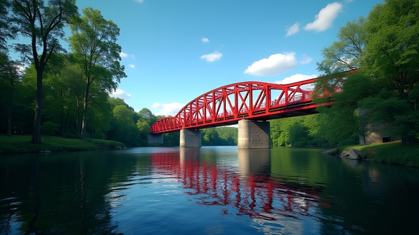 A vibrant red metal bridge spanning a calm river under a clear blue sky with lush green trees along the riverbanks