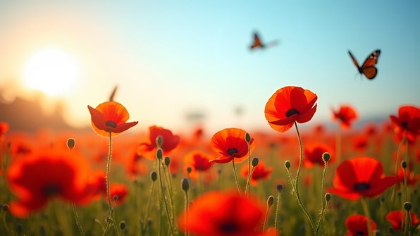 Red poppy flowers densely covering a sunlit meadow under a clear blue sky