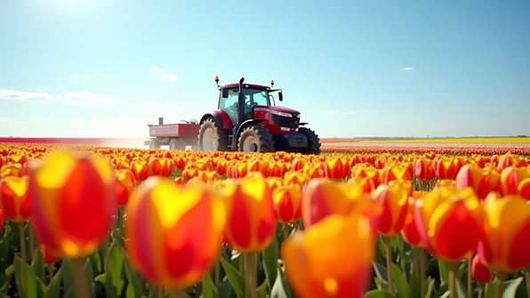 Red Tractor In Colorful Tulip Field
