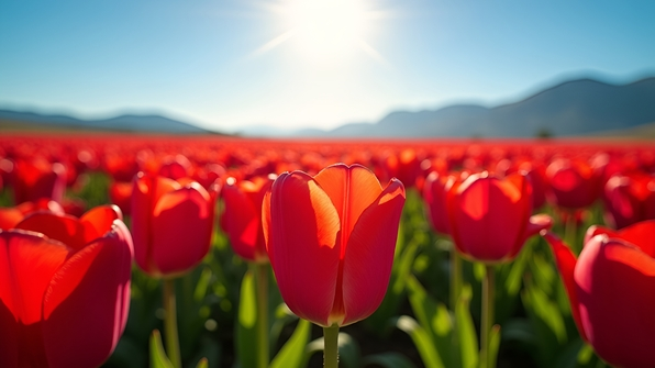 Red Tulip Field Under Clear Blue Sky