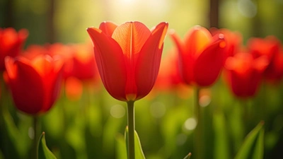 Red Tulips Blooming In Sunlit Garden